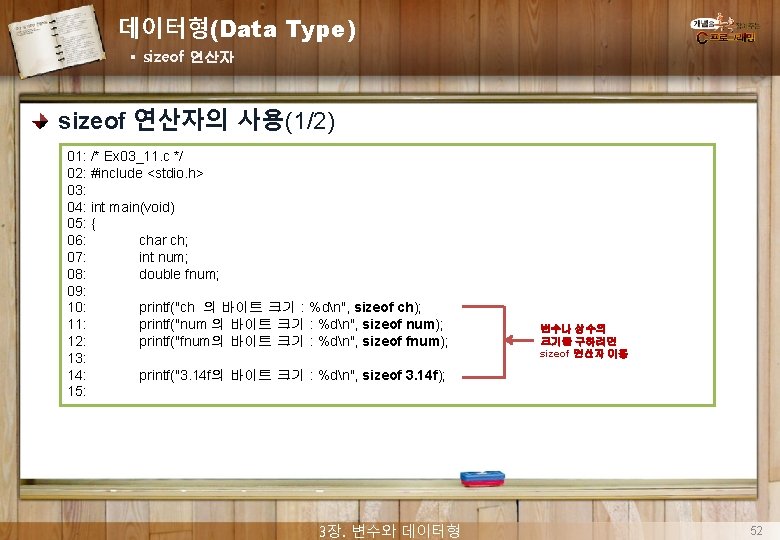 데이터형(Data Type) § sizeof 연산자의 사용(1/2) 01: /* Ex 03_11. c */ 02: #include