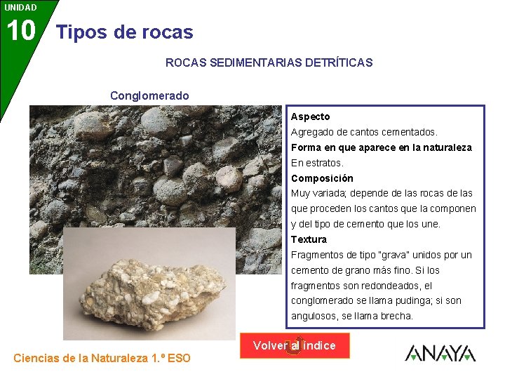 UNIDAD 10 3 Tipos de rocas ROCAS SEDIMENTARIAS DETRÍTICAS Conglomerado Aspecto Agregado de cantos