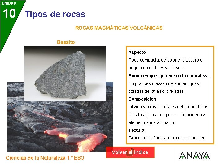 UNIDAD 10 3 Tipos de rocas ROCAS MAGMÁTICAS VOLCÁNICAS Basalto Aspecto Roca compacta, de