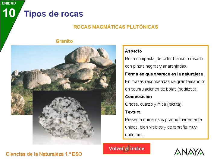 UNIDAD 10 3 Tipos de rocas ROCAS MAGMÁTICAS PLUTÓNICAS Granito Aspecto Roca compacta, de