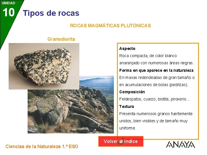 UNIDAD 10 3 Tipos de rocas ROCAS MAGMÁTICAS PLUTÓNICAS Granodiorita Aspecto Roca compacta, de