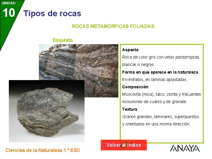 UNIDAD 10 3 Tipos de rocas ROCAS METAMÓRFICAS FOLIADAS Esquisto Aspecto Roca de color