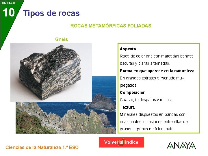 UNIDAD 10 3 Tipos de rocas ROCAS METAMÓRFICAS FOLIADAS Gneis Aspecto Roca de color