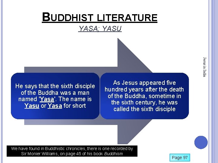 BUDDHIST LITERATURE YASA; YASU Jesus in India He says that the sixth disciple of