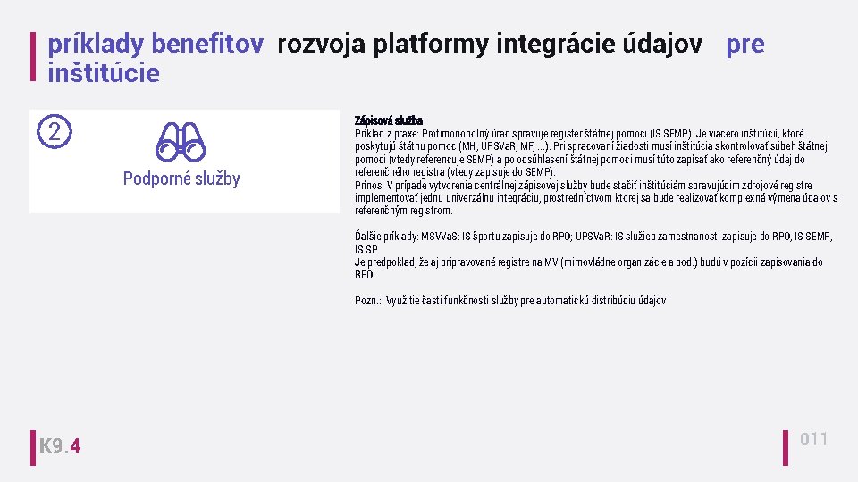 príklady benefitov rozvoja platformy integrácie údajov pre inštitúcie 2 Podporné služby Zápisová služba Príklad