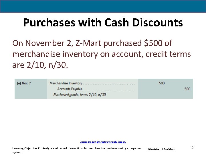 Purchases with Cash Discounts On November 2, Z-Mart purchased $500 of merchandise inventory on