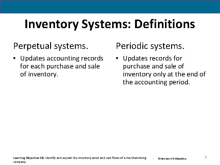 Inventory Systems: Definitions Perpetual systems. Periodic systems. • Updates accounting records for each purchase