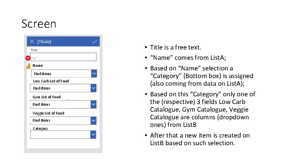 Screen Name Find items Low Carb List of Food Find items Gym List of