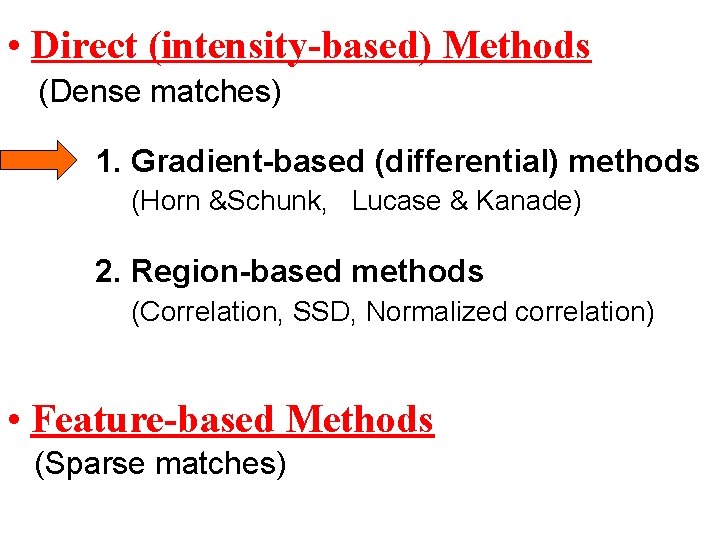  • Direct (intensity-based) Methods (Dense matches) 1. Gradient-based (differential) methods (Horn &Schunk, Lucase
