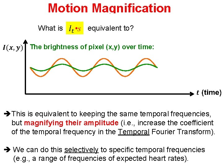 Motion Magnification What is equivalent to? The brightness of pixel (x, y) over time: