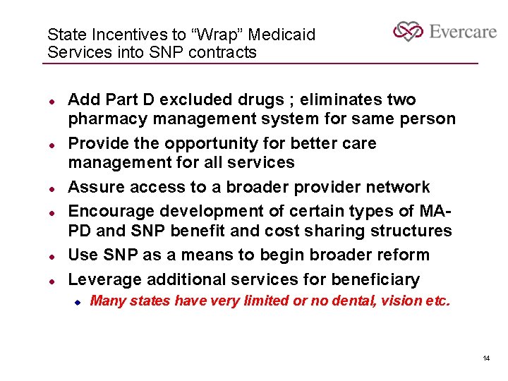 State Incentives to “Wrap” Medicaid Services into SNP contracts l l l Add Part
