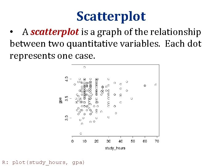 Scatterplot • A scatterplot is a graph of the relationship between two quantitative variables. Scatterplot • A scatterplot is a graph of the relationship between two quantitative variables.
