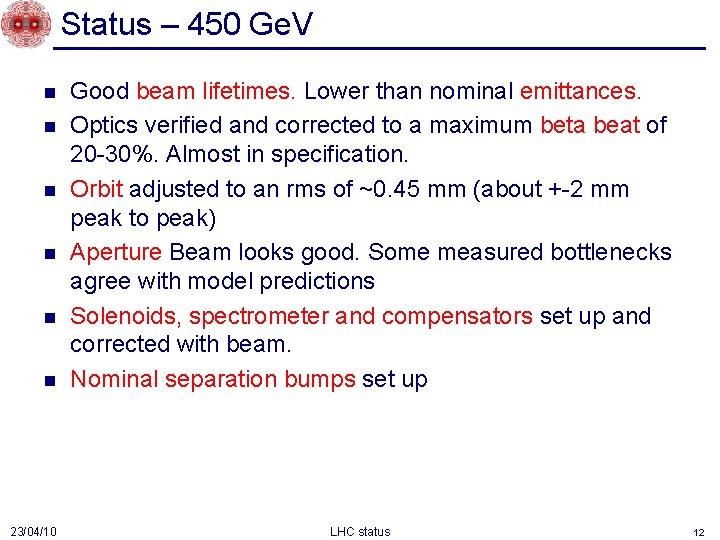 Status – 450 Ge. V n n n 23/04/10 Good beam lifetimes. Lower than