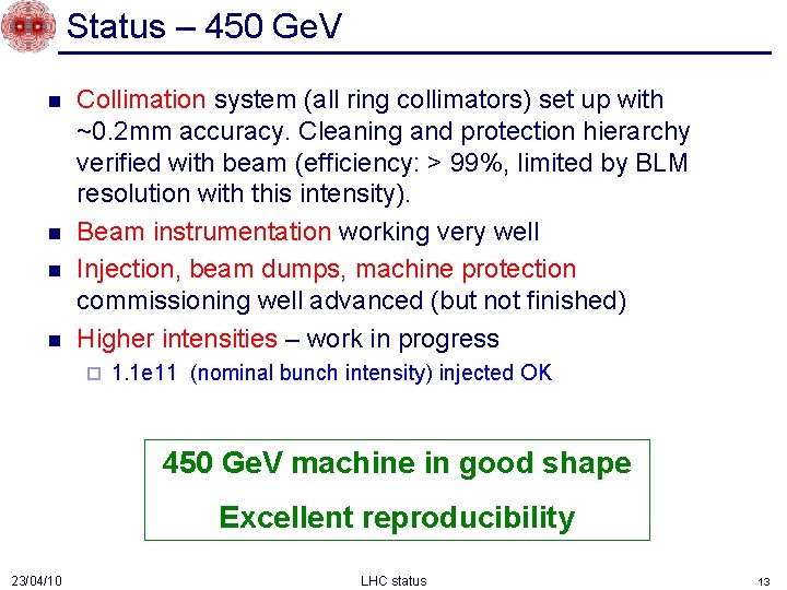 Status – 450 Ge. V n n Collimation system (all ring collimators) set up