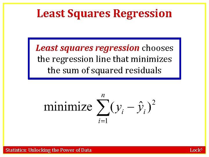 Least Squares Regression Least squares regression chooses the regression line that minimizes the sum