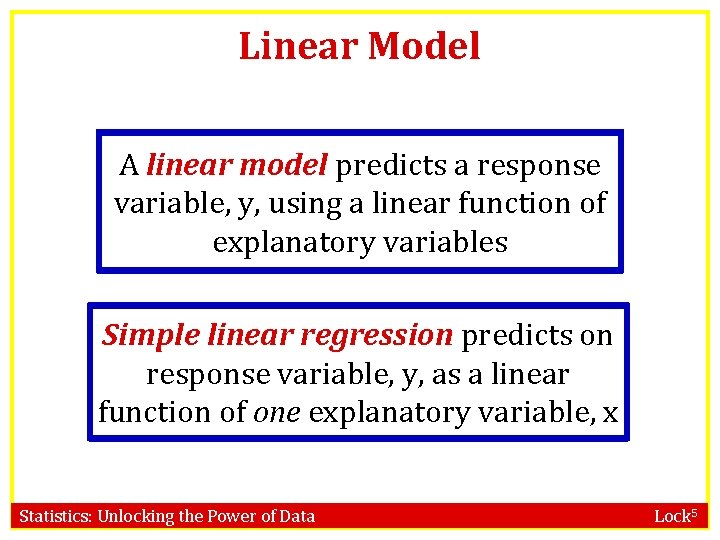 Linear Model A linear model predicts a response variable, y, using a linear function