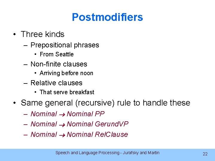Postmodifiers • Three kinds – Prepositional phrases • From Seattle – Non-finite clauses •