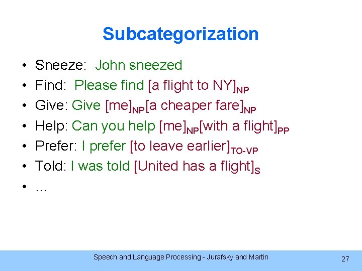 Subcategorization • • Sneeze: John sneezed Find: Please find [a flight to NY]NP Give: