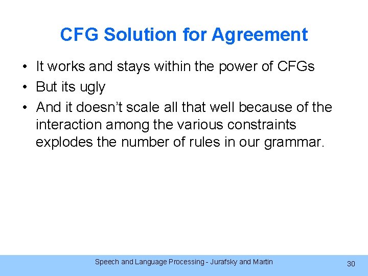 CFG Solution for Agreement • It works and stays within the power of CFGs