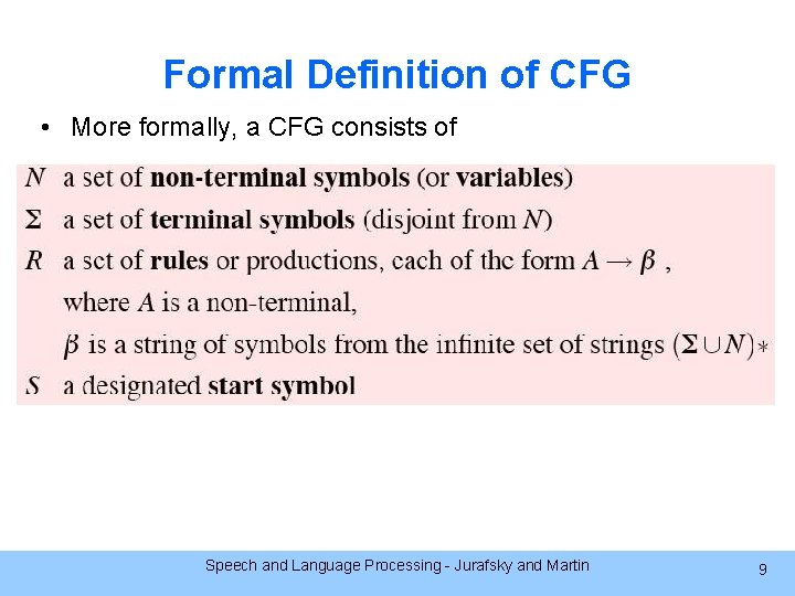 Formal Definition of CFG • More formally, a CFG consists of Speech and Language