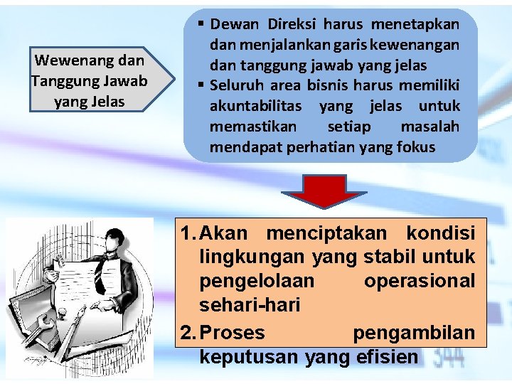 Wewenang dan Tanggung Jawab yang Jelas § Dewan Direksi harus menetapkan dan menjalankan garis