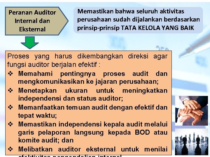 Peranan Auditor Internal dan Eksternal Memastikan bahwa seluruh aktivitas perusahaan sudah dijalankan berdasarkan prinsip-prinsip