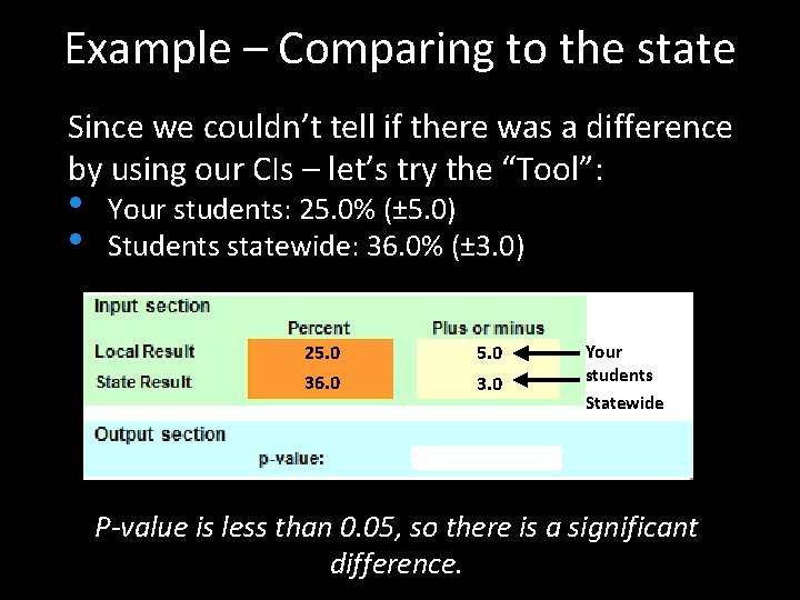 Example – Comparing to the state Since we couldn’t tell if there was a
