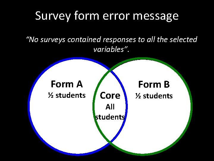 Survey form error message “No surveys contained responses to all the selected variables”. Form