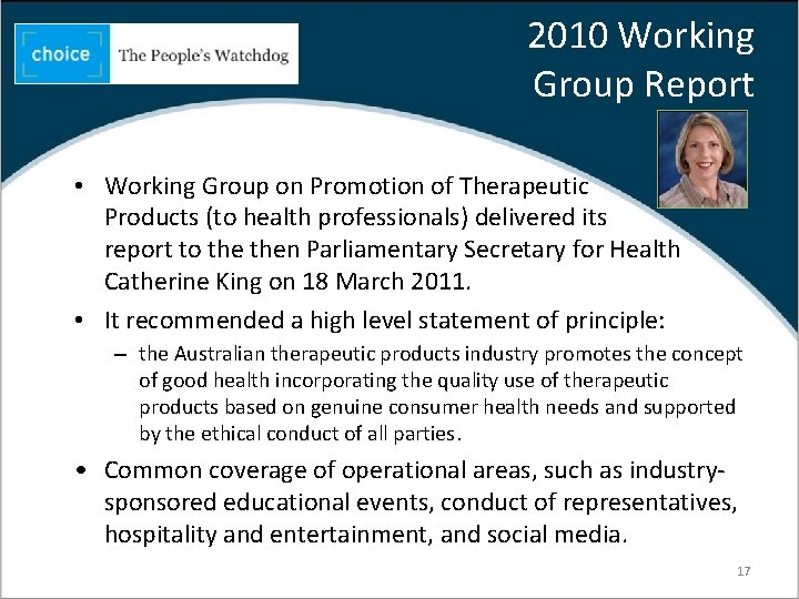 2010 Working Group Report • Working Group on Promotion of Therapeutic Products (to health