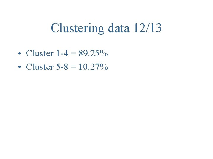 Clustering data 12/13 • Cluster 1 -4 = 89. 25% • Cluster 5 -8