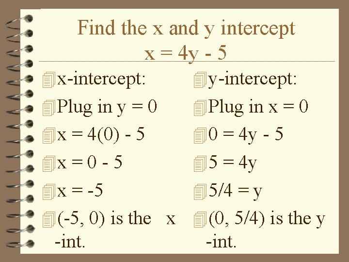 Find the x and y intercept x = 4 y - 5 4 x-intercept:
