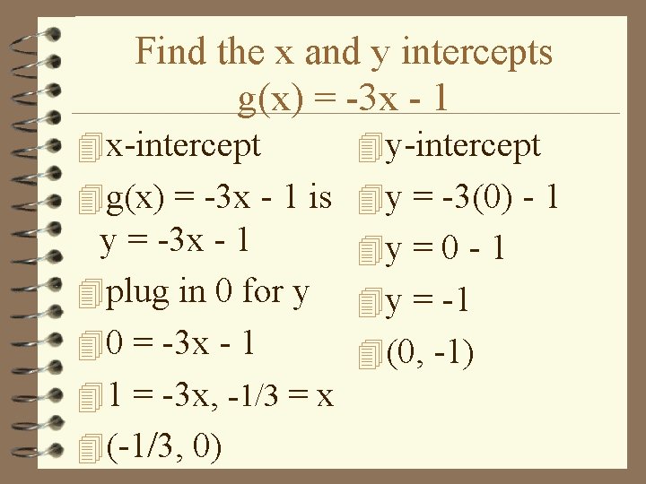 Find the x and y intercepts g(x) = -3 x - 1 4 x-intercept