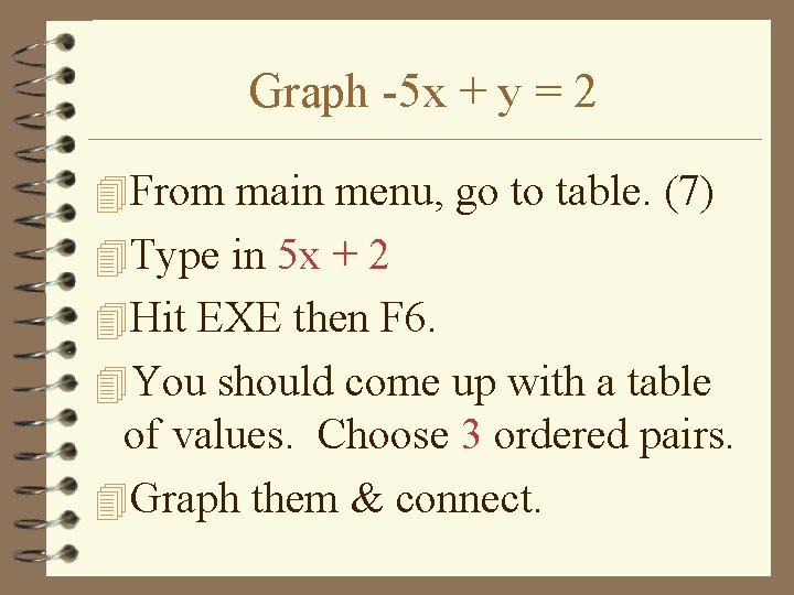 Graph -5 x + y = 2 4 From main menu, go to table.