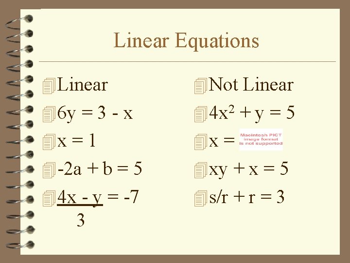 Linear Equations 4 Linear 4 Not Linear 46 y = 3 - x 44