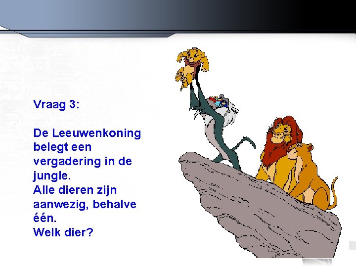 Vraag 3: De Leeuwenkoning belegt een vergadering in de jungle. Alle dieren zijn aanwezig,