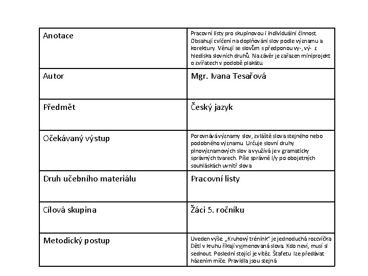 Anotace Pracovní listy pro skupinovou i individuální činnost. Obsahují cvičení na doplňování slov podle Anotace Pracovní listy pro skupinovou i individuální činnost. Obsahují cvičení na doplňování slov podle