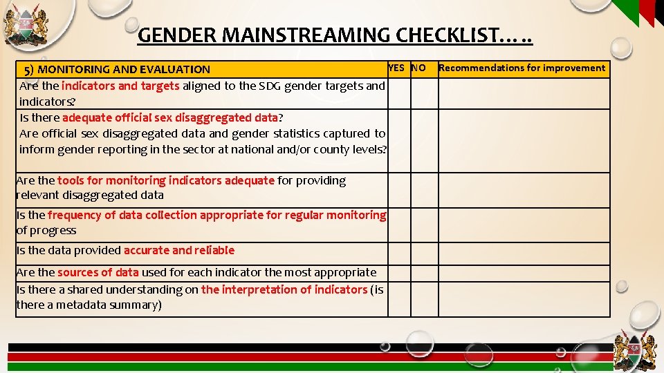 GENDER MAINSTREAMING CHECKLIST…. . YES NO 5) MONITORING AND EVALUATION Are the indicators and