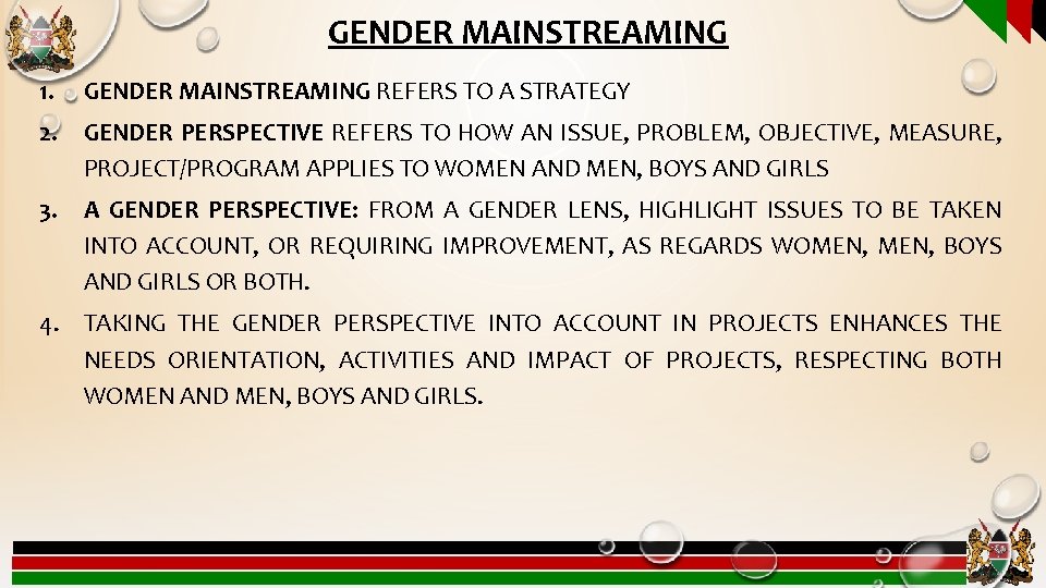 GENDER MAINSTREAMING 1. GENDER MAINSTREAMING REFERS TO A STRATEGY 2. GENDER PERSPECTIVE REFERS TO