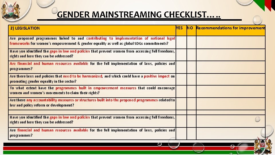 GENDER MAINSTREAMING CHECKLIST…. . 2) LEGISLATION Are proposed programmes linked to and contributing to