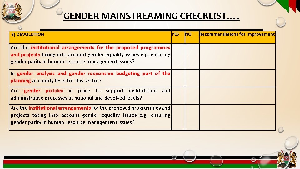 GENDER MAINSTREAMING CHECKLIST…. 3) DEVOLUTION Are the institutional arrangements for the proposed programmes and