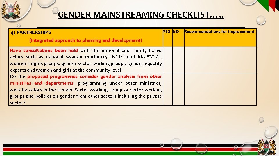 GENDER MAINSTREAMING CHECKLIST…. . 4) PARTNERSHIPS (Integrated approach to planning and development) Have consultations