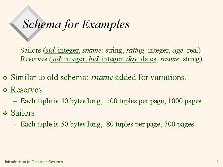 Schema for Examples Sailors (sid: integer, sname: string, rating: integer, age: real) Reserves (sid: