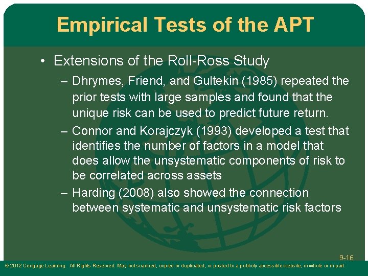 Empirical Tests of the APT • Extensions of the Roll-Ross Study – Dhrymes, Friend,