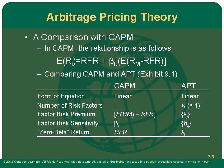 Arbitrage Pricing Theory • A Comparison with CAPM – In CAPM, the relationship is