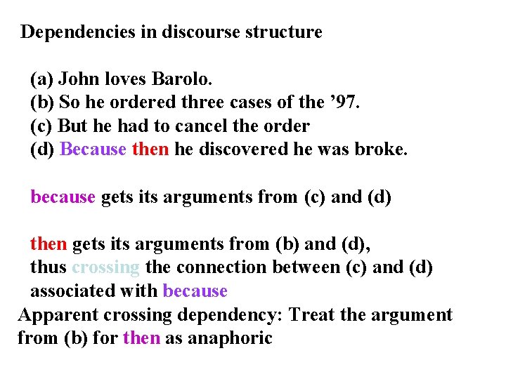 Dependencies in discourse structure (a) John loves Barolo. (b) So he ordered three cases