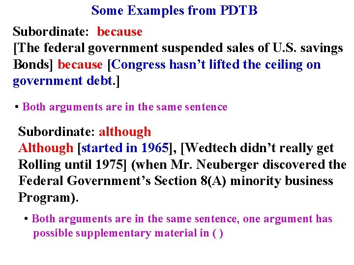 Some Examples from PDTB Subordinate: because [The federal government suspended sales of U. S.