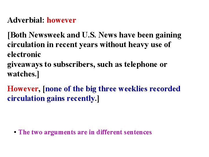 Adverbial: however [Both Newsweek and U. S. News have been gaining circulation in recent