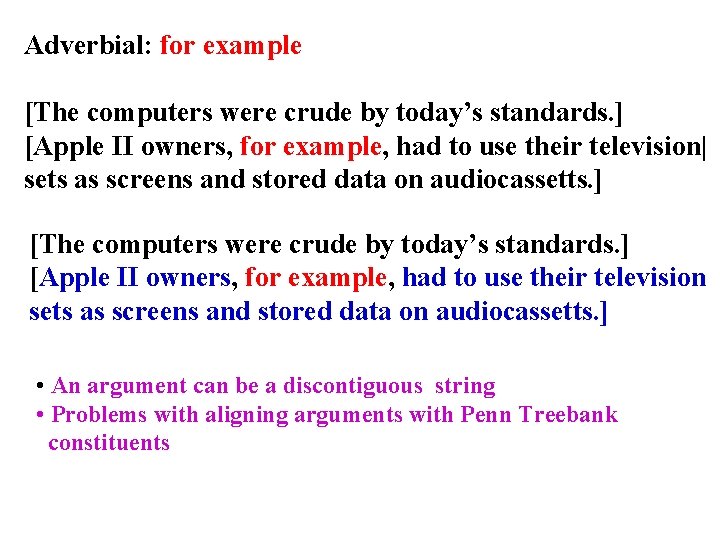 Adverbial: for example [The computers were crude by today’s standards. ] [Apple II owners,