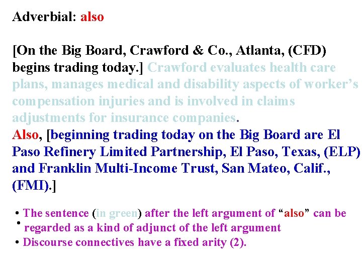 Adverbial: also [On the Big Board, Crawford & Co. , Atlanta, (CFD) begins trading