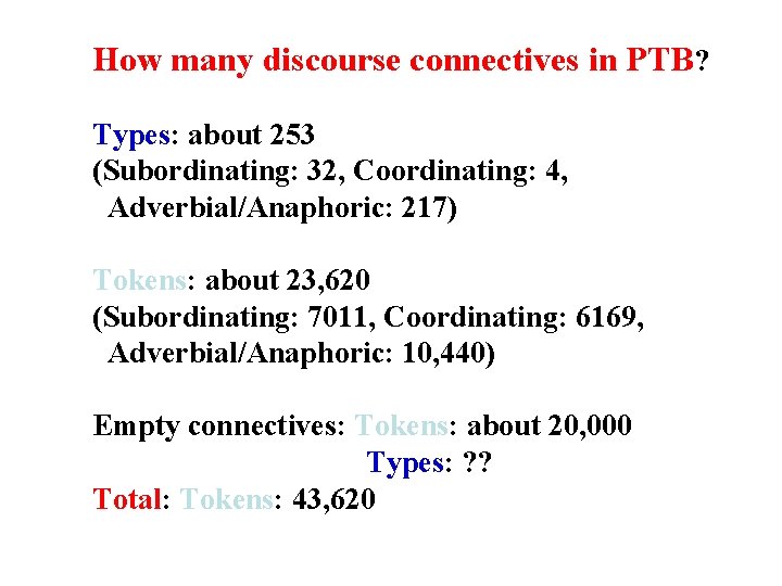 How many discourse connectives in PTB? Types: about 253 (Subordinating: 32, Coordinating: 4, Adverbial/Anaphoric: